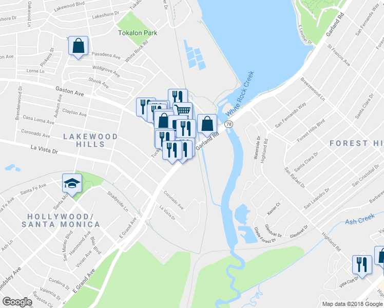 map of restaurants, bars, coffee shops, grocery stores, and more near 7570 East Grand Avenue in Dallas