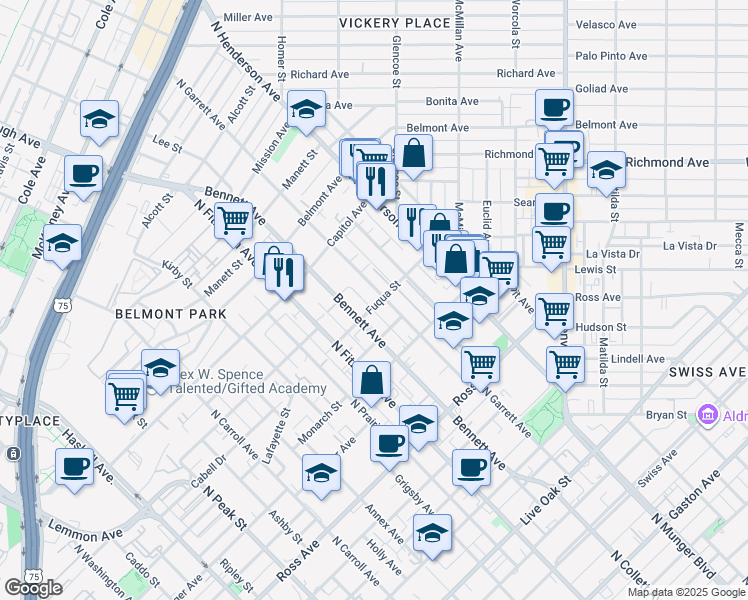 map of restaurants, bars, coffee shops, grocery stores, and more near 5023 Fuqua Street in Dallas