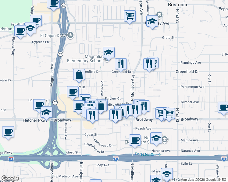 map of restaurants, bars, coffee shops, grocery stores, and more near 1135 Farview Court in El Cajon