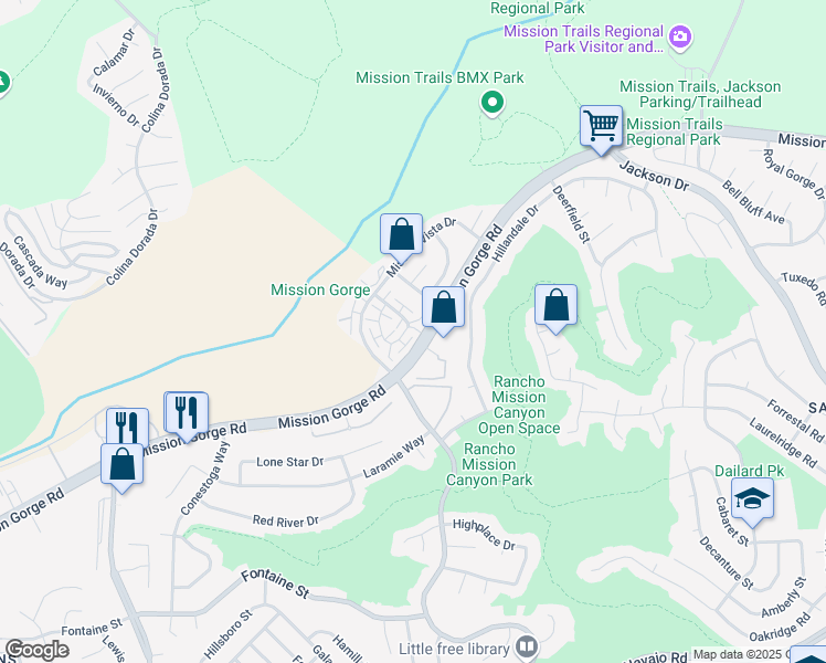 map of restaurants, bars, coffee shops, grocery stores, and more near 3580 Mission Mesa Way in San Diego