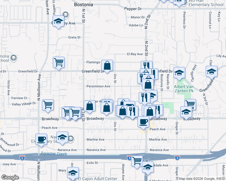 map of restaurants, bars, coffee shops, grocery stores, and more near 1148-50 Oro Street in El Cajon