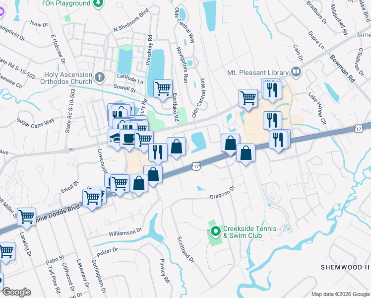 map of restaurants, bars, coffee shops, grocery stores, and more near 307 Lakeside Drive in Mount Pleasant