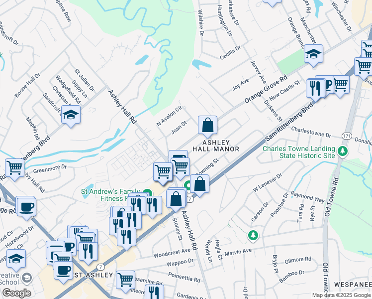 map of restaurants, bars, coffee shops, grocery stores, and more near 1538 Salisbury Street in Charleston