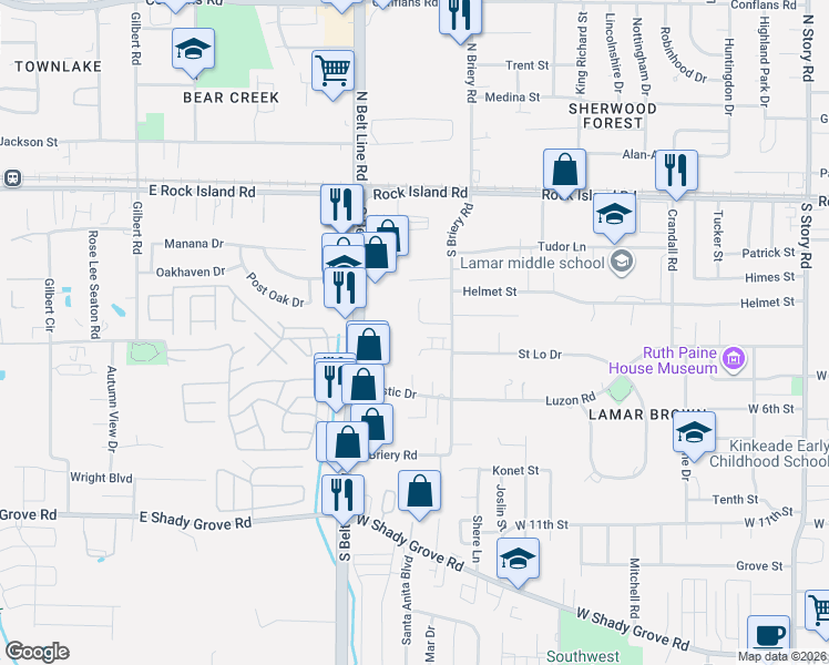 map of restaurants, bars, coffee shops, grocery stores, and more near 3328 Kathy Lane in Irving