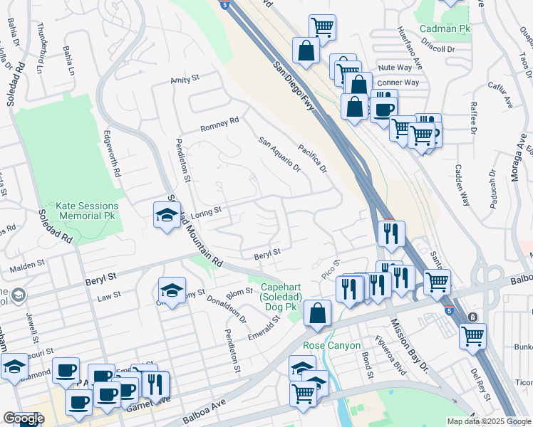 map of restaurants, bars, coffee shops, grocery stores, and more near 2475 La Marque Street in San Diego