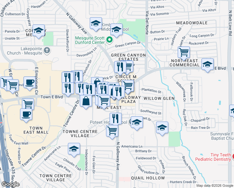map of restaurants, bars, coffee shops, grocery stores, and more near N Galloway Ave & N Town E Blvd in Mesquite
