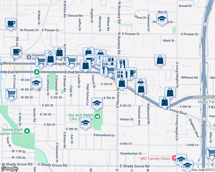 map of restaurants, bars, coffee shops, grocery stores, and more near 912 East 3rd Street in Irving