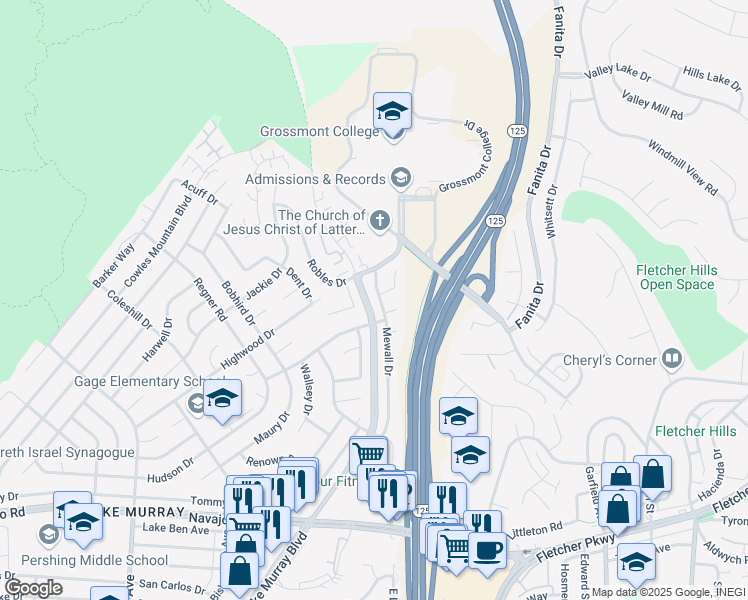 map of restaurants, bars, coffee shops, grocery stores, and more near 7046 Mewall Drive in San Diego