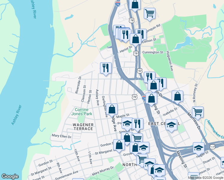 map of restaurants, bars, coffee shops, grocery stores, and more near 85 Magnolia Avenue in Charleston
