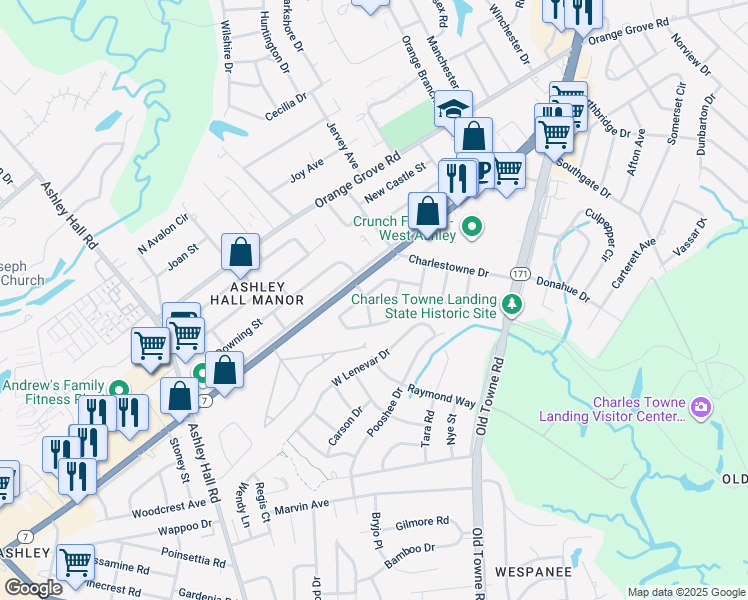 map of restaurants, bars, coffee shops, grocery stores, and more near 1590 Spencer Street in Charleston