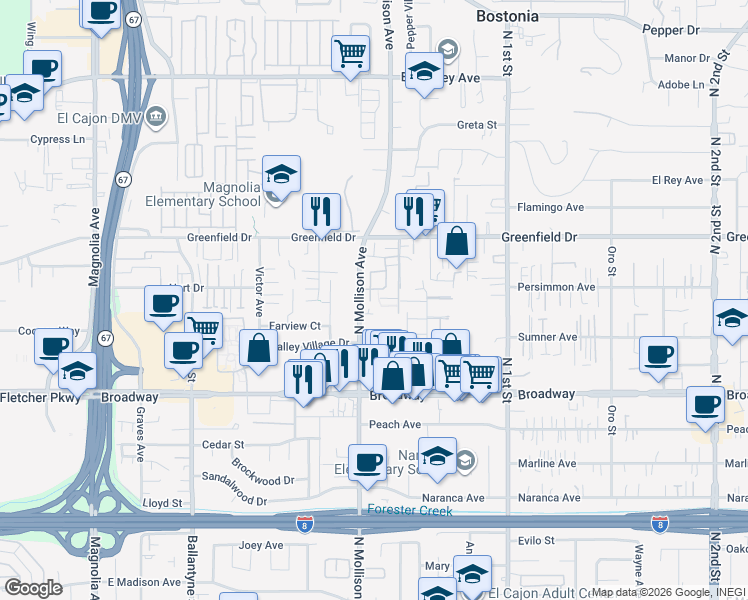 map of restaurants, bars, coffee shops, grocery stores, and more near 1197 North Mollison Avenue in El Cajon