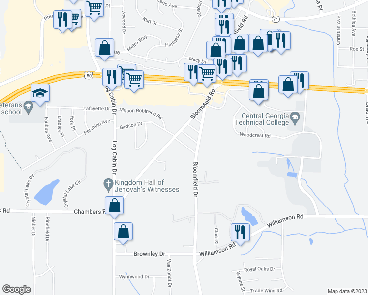 map of restaurants, bars, coffee shops, grocery stores, and more near 3752 Walker Avenue in Macon