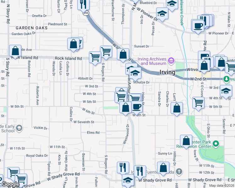 map of restaurants, bars, coffee shops, grocery stores, and more near 1437 Keeler Drive in Irving