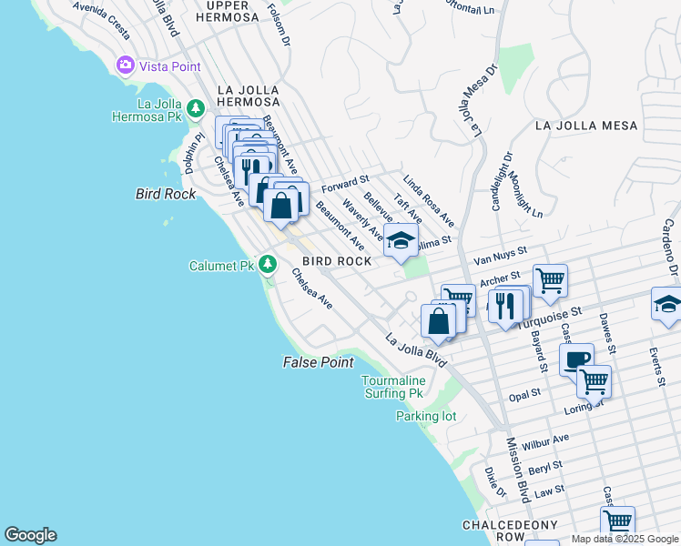 map of restaurants, bars, coffee shops, grocery stores, and more near 5373 La Jolla Boulevard in San Diego