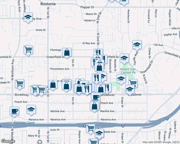 map of restaurants, bars, coffee shops, grocery stores, and more near 1273 Persimmon Avenue in El Cajon