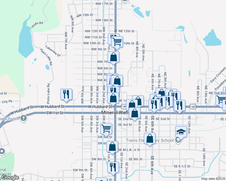 map of restaurants, bars, coffee shops, grocery stores, and more near 301 North Oak Avenue in Mineral Wells