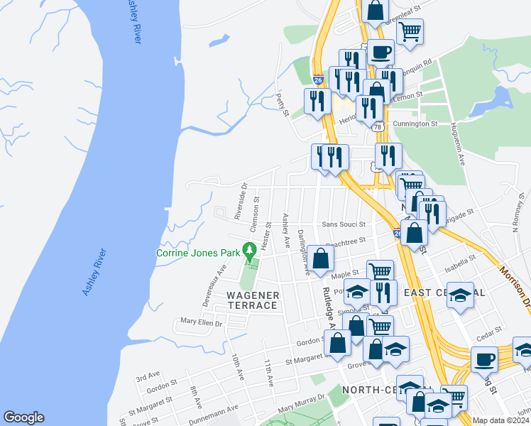 map of restaurants, bars, coffee shops, grocery stores, and more near 121 Hester Street in Charleston