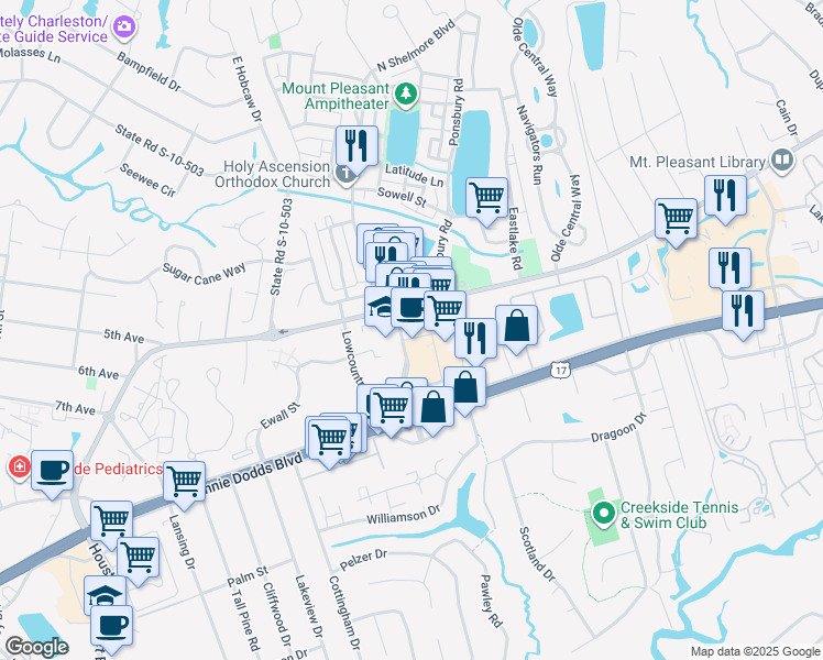 map of restaurants, bars, coffee shops, grocery stores, and more near 700 South Shelmore Boulevard in Mount Pleasant