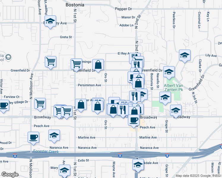 map of restaurants, bars, coffee shops, grocery stores, and more near 1145 Oro Street in El Cajon