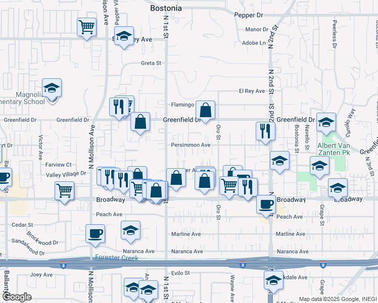 map of restaurants, bars, coffee shops, grocery stores, and more near 1133 Persimmon Avenue in El Cajon
