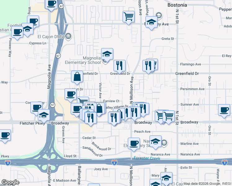 map of restaurants, bars, coffee shops, grocery stores, and more near 1135 Farview Court in El Cajon