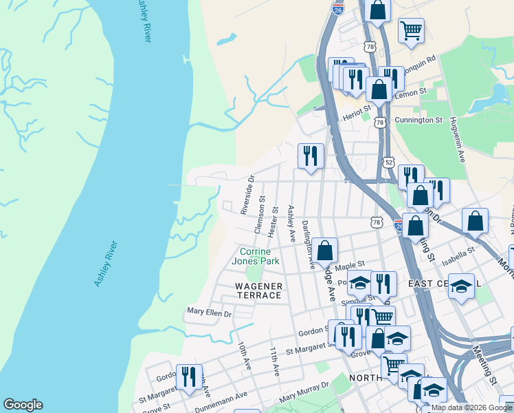 map of restaurants, bars, coffee shops, grocery stores, and more near 47 Clemson Street in Charleston