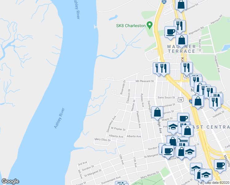 map of restaurants, bars, coffee shops, grocery stores, and more near 204 Sans Souci Street in Charleston