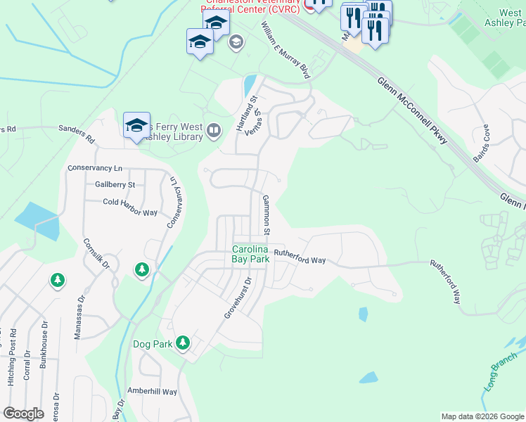 map of restaurants, bars, coffee shops, grocery stores, and more near 1952 Gammon Street in Charleston