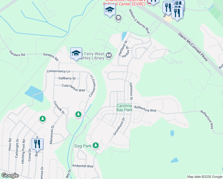 map of restaurants, bars, coffee shops, grocery stores, and more near 1865 Bermuda Stone Road in Charleston