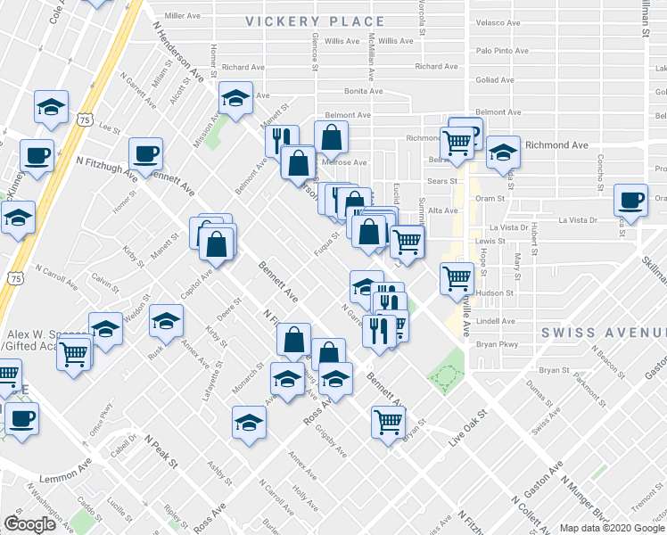 map of restaurants, bars, coffee shops, grocery stores, and more near 2004 North Garrett Avenue in Dallas