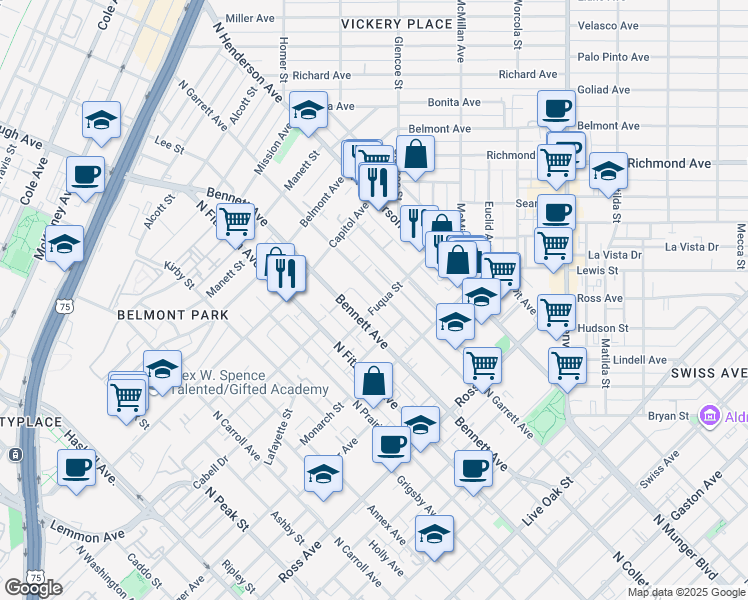 map of restaurants, bars, coffee shops, grocery stores, and more near 5023 Fuqua Street in Dallas