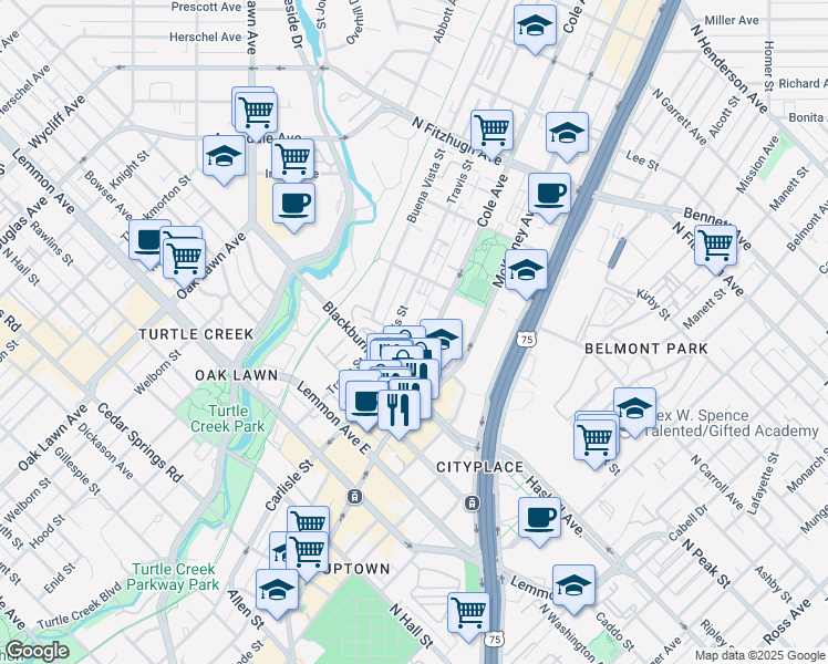map of restaurants, bars, coffee shops, grocery stores, and more near 3824 Travis Street in Dallas