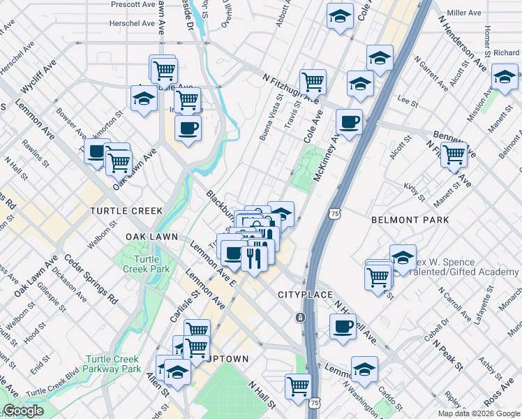 map of restaurants, bars, coffee shops, grocery stores, and more near 3231 North Haskell Avenue in Dallas