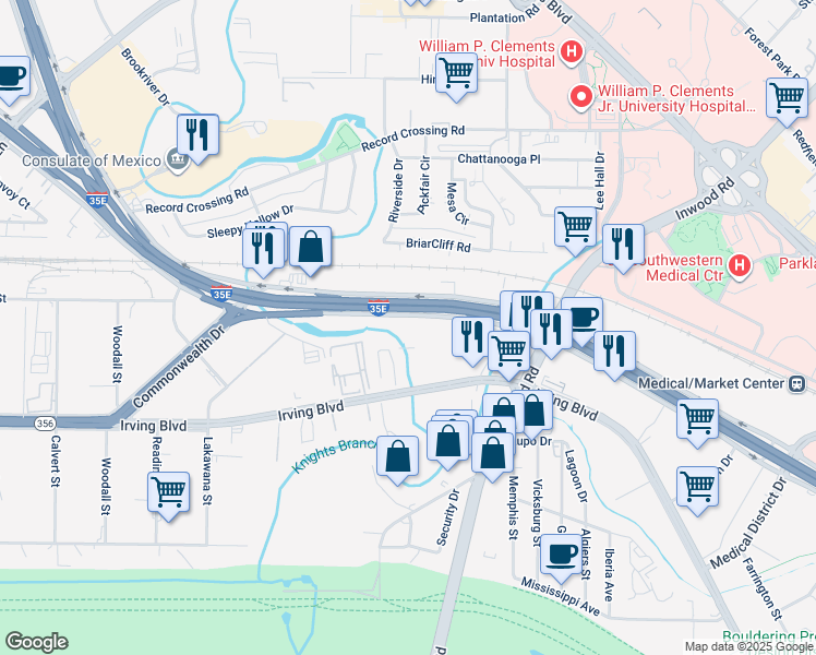 map of restaurants, bars, coffee shops, grocery stores, and more near 2979 North Stemmons Freeway in Dallas
