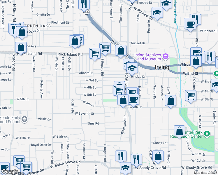 map of restaurants, bars, coffee shops, grocery stores, and more near 1408 Keeler Drive in Irving