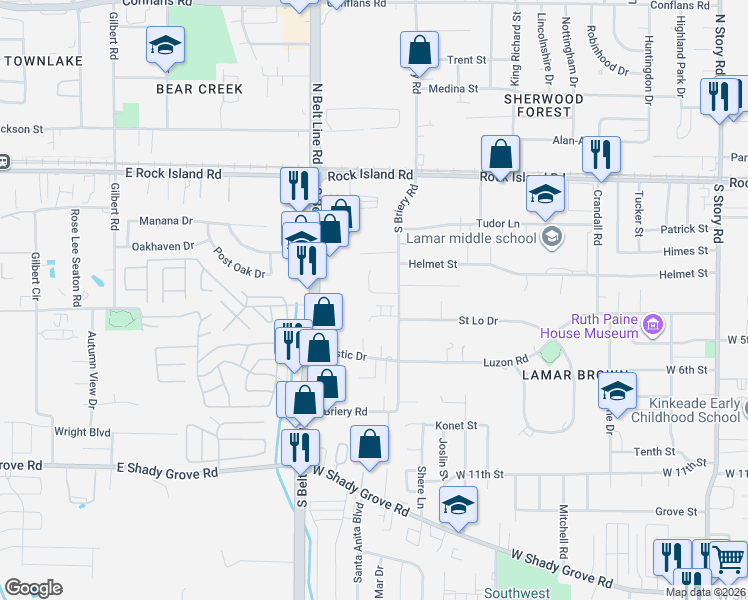 map of restaurants, bars, coffee shops, grocery stores, and more near 3328 Kathy Lane in Irving