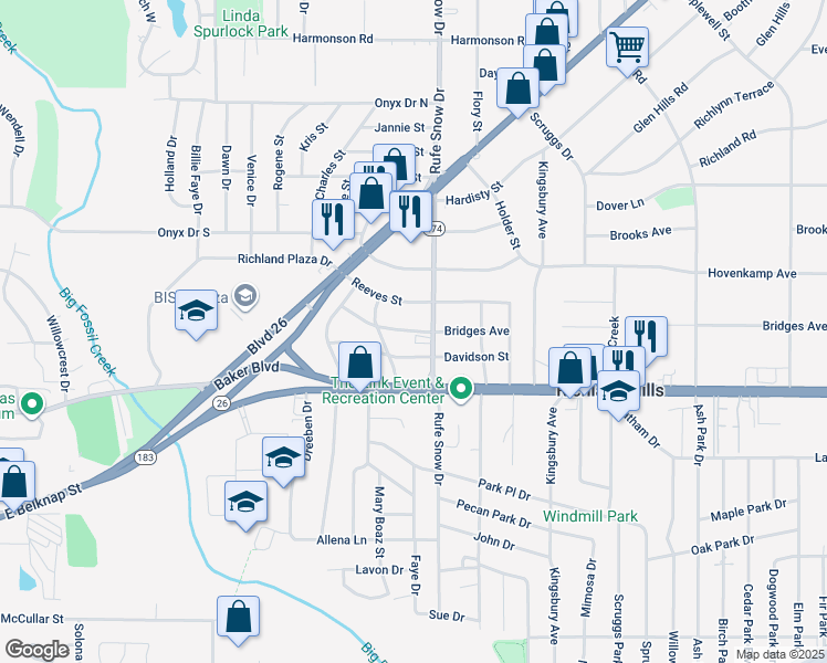 map of restaurants, bars, coffee shops, grocery stores, and more near 6647 Bridges Avenue in Richland Hills
