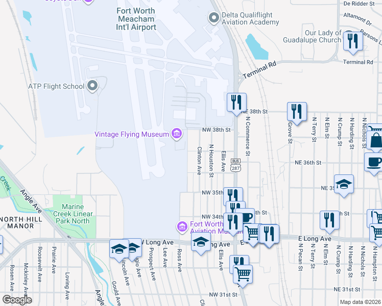 map of restaurants, bars, coffee shops, grocery stores, and more near 3616 Clinton Avenue in Fort Worth