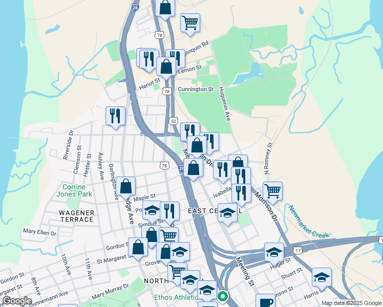 map of restaurants, bars, coffee shops, grocery stores, and more near 3 Achurch Avenue in Charleston