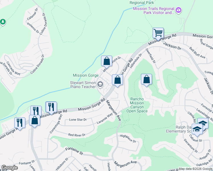 map of restaurants, bars, coffee shops, grocery stores, and more near 3639 Mission Mesa Way in San Diego