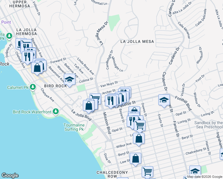map of restaurants, bars, coffee shops, grocery stores, and more near 888 Archer Street in San Diego