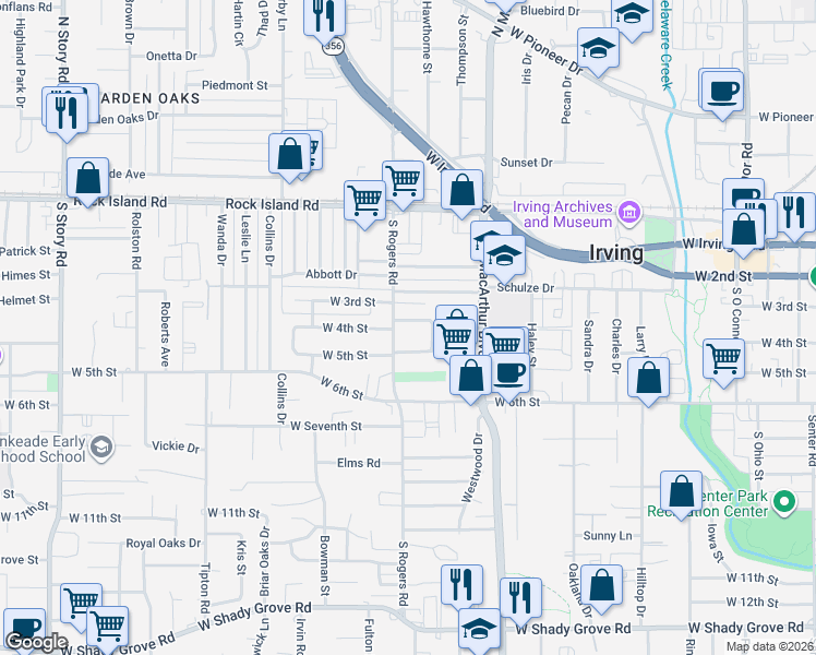 map of restaurants, bars, coffee shops, grocery stores, and more near 1408 Keeler Drive in Irving