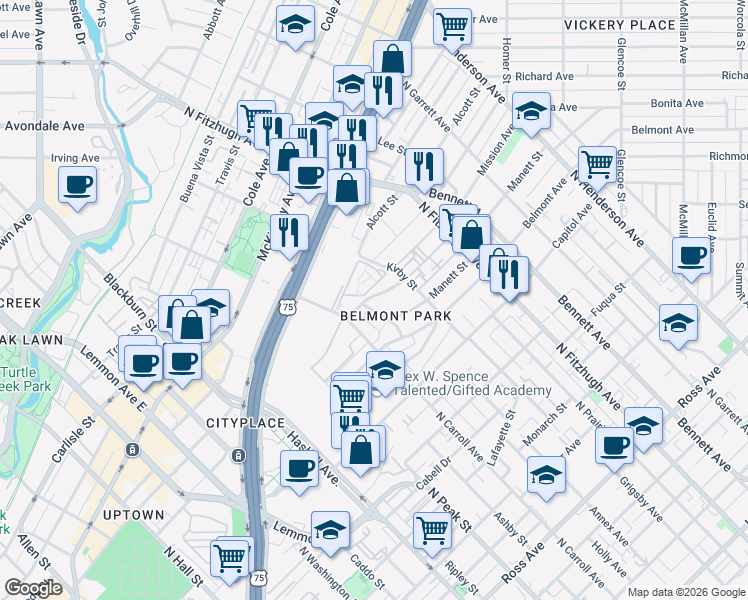 map of restaurants, bars, coffee shops, grocery stores, and more near 4626 Coles Manor Place in Dallas