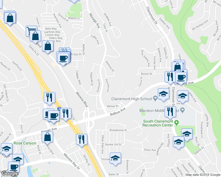 map of restaurants, bars, coffee shops, grocery stores, and more near 3945 Kenosha Avenue in San Diego