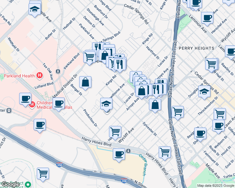 map of restaurants, bars, coffee shops, grocery stores, and more near 4536 Sylvester Street in Dallas