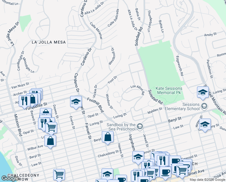 map of restaurants, bars, coffee shops, grocery stores, and more near 5110 Los Altos Court in San Diego