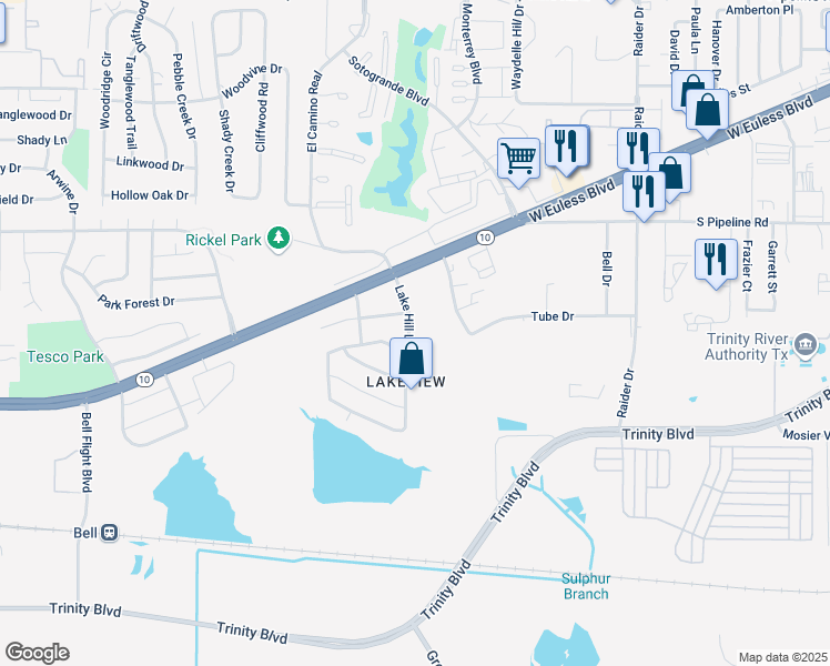 map of restaurants, bars, coffee shops, grocery stores, and more near 3516 Lake Hill Lane in Hurst