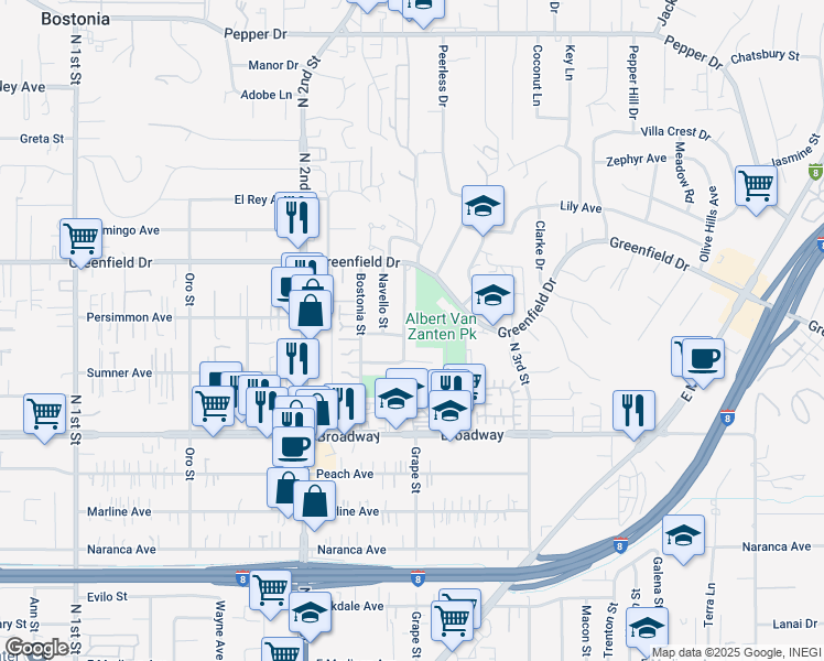 map of restaurants, bars, coffee shops, grocery stores, and more near in El Cajon