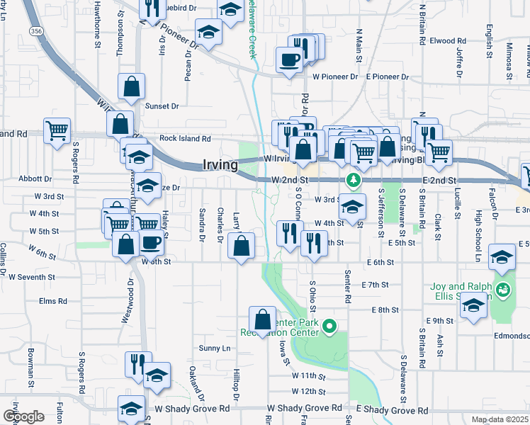 map of restaurants, bars, coffee shops, grocery stores, and more near 444 West 2nd Street in Irving