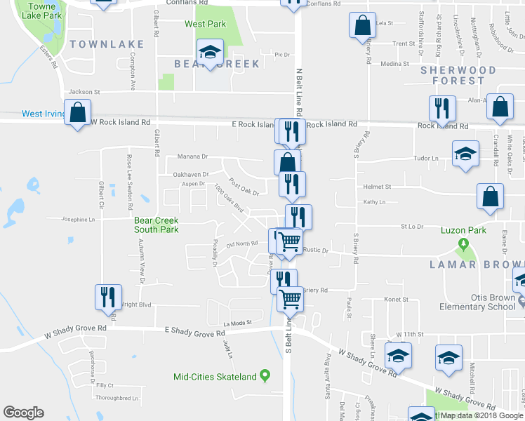 map of restaurants, bars, coffee shops, grocery stores, and more near 624 Autumn Leaves Trail in Irving